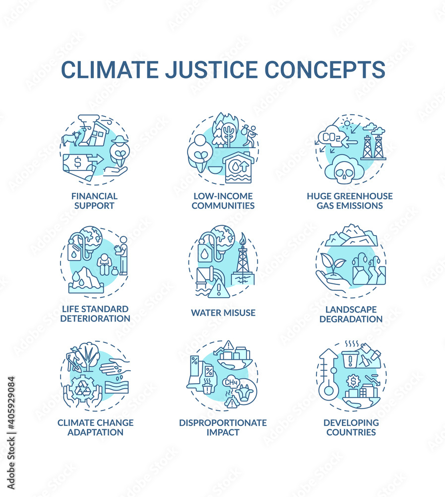 Climate justice concept icons set. Global warming reduce idea thin line RGB color illustrations. Global warming. Climate change. Vector isolated outline drawings. Editable stroke