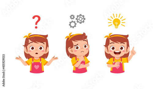 happy cute little kid girl thinking and searching idea process