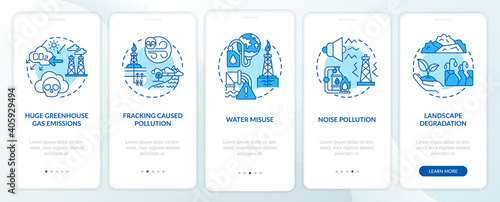 Shale gas threats onboarding mobile app page screen with concepts. Climate justice walkthrough 5 steps graphic instructions. Global warming. UI vector template with RGB color illustrations