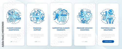 Climate Justice tasks onboarding mobile app page screen with concepts. Environmental problems walkthrough 5 steps graphic instructions. UI vector template with RGB color illustrations
