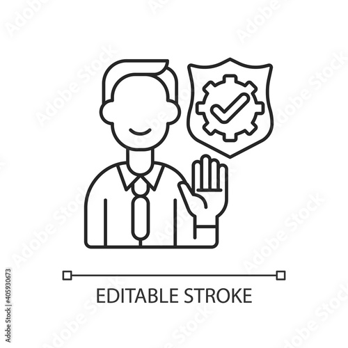 Integrity linear icon. Company employee accountability. Core corporate values. Business ethics. Thin line customizable illustration. Contour symbol. Vector isolated outline drawing. Editable stroke