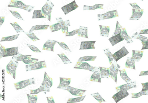 Flying polish 100 zloty banknotes isolated on white background.