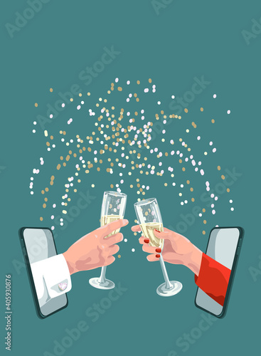 Online romantic date or party Valentines day.Communication application social distancing with COVID-19 crisis Hands from mobiles hold glasses with sparkling wine or champagne on firework background