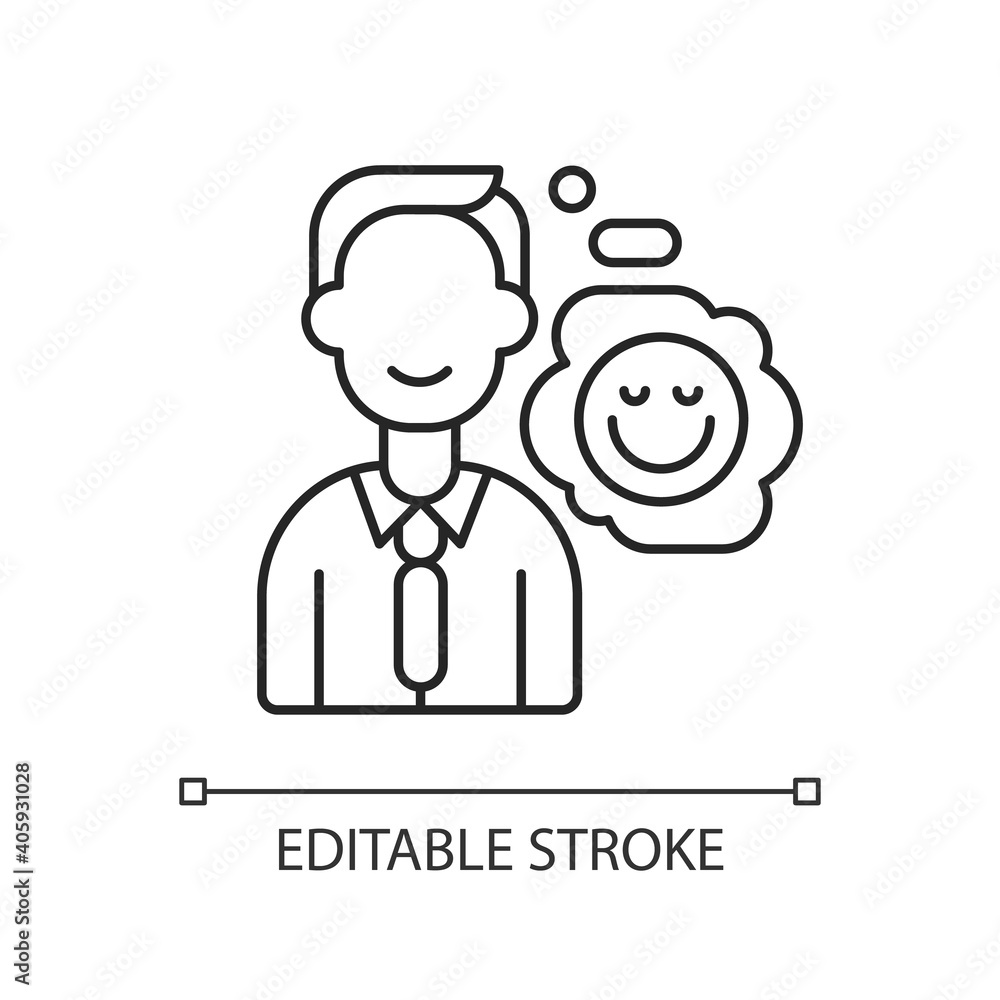 Positive attitude linear icon. Optimistic employee. Personal achievement. Company culture. Thin line customizable illustration. Contour symbol. Vector isolated outline drawing. Editable stroke Positive attitude linear icon. Optimistic employee. Personal achievement. Company culture. Thin line customizable illustration. Contour symbol. Vector isolated outline drawing. Editable stroke