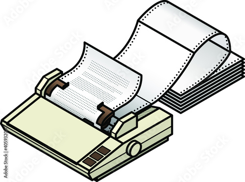 A dot matrix printer with tractor-feed fan-fold paper.