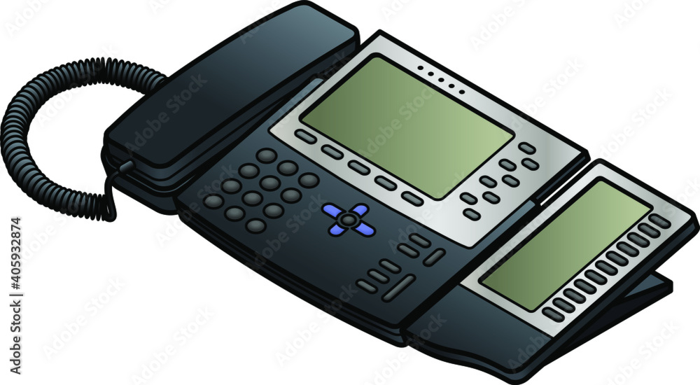 A voice-over-IP desktop phone with two LCD screens.