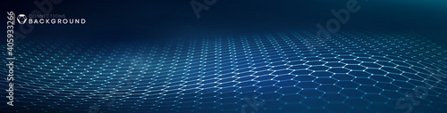 Network connection concept blue vector illustration. Futuristic hexagon perspective wide angle lanscape. Futuristic honeycomb concept. 3d landscape. Big data digital background.
