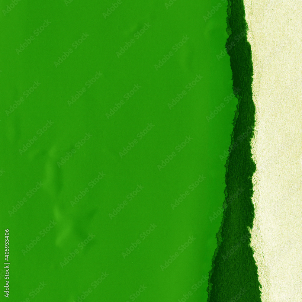 Obraz premium Green torn paper collage close-up. Texture made from various paper and cardboard parts. Damaged old paper background. Vintage blank wallpaper. Material design backdrop.