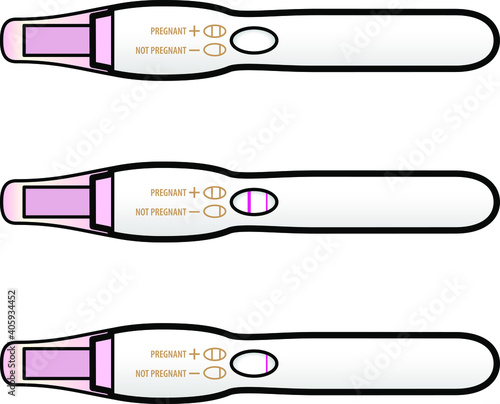A pregnancy test wand with one and two bar indicators. Unused, positive and negative.