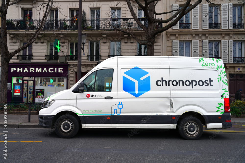 PARIS, FRANCE -5 JAN 2021- View of a Chronopost package delivery van on the  street in Paris, France. Stock Photo | Adobe Stock