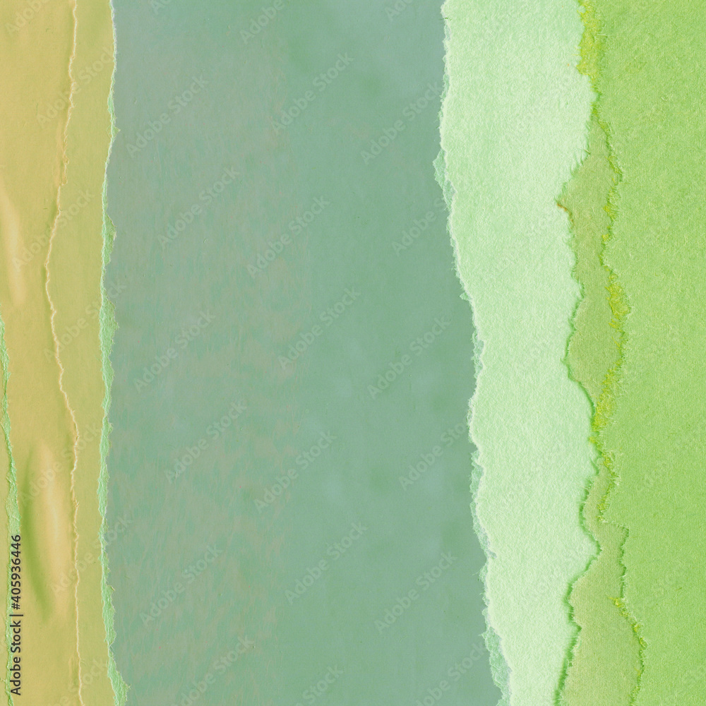 Naklejka premium Green torn paper collage close-up. Texture made from various paper and cardboard parts. Damaged old paper background. Vintage blank wallpaper. Material design backdrop.