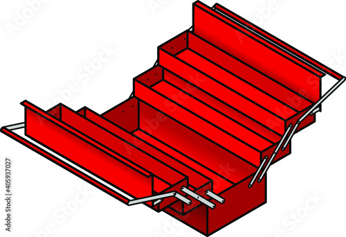 A red metal toolbox shown opened to reveal drawers and compartments.