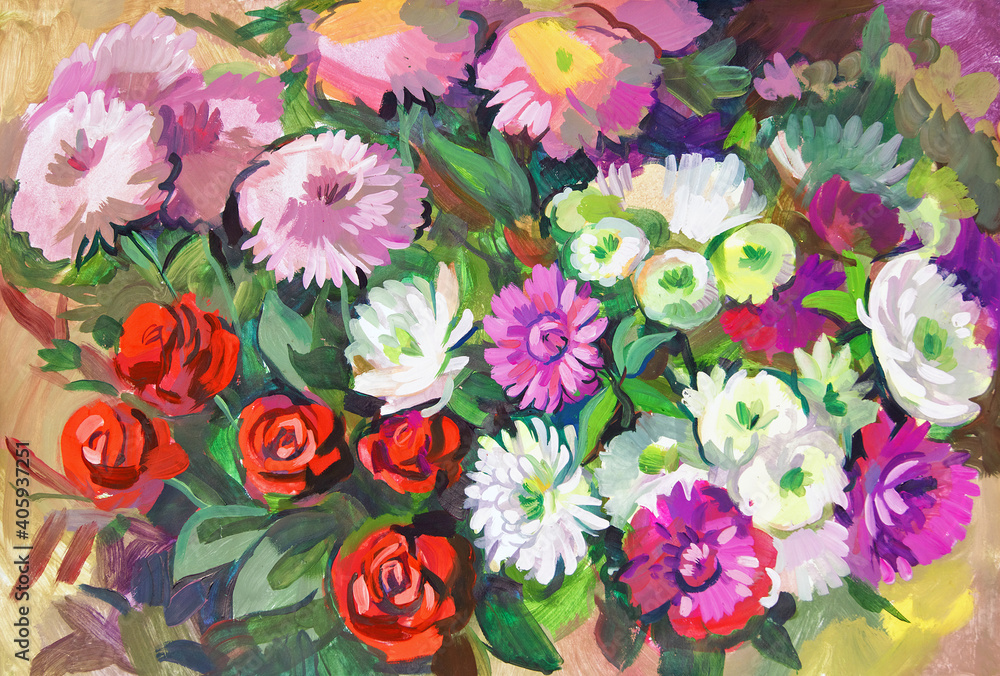 Asters. Still life with a bouquet of flowers. Gouache painting Asters. Still life with a bouquet of flowers. Gouache painting