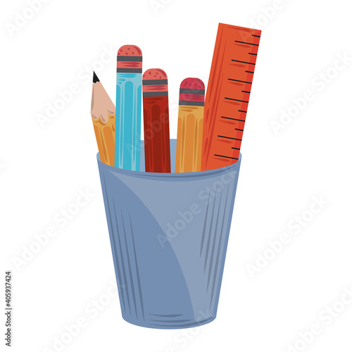 school pencils pen ruler in cup cartoon design