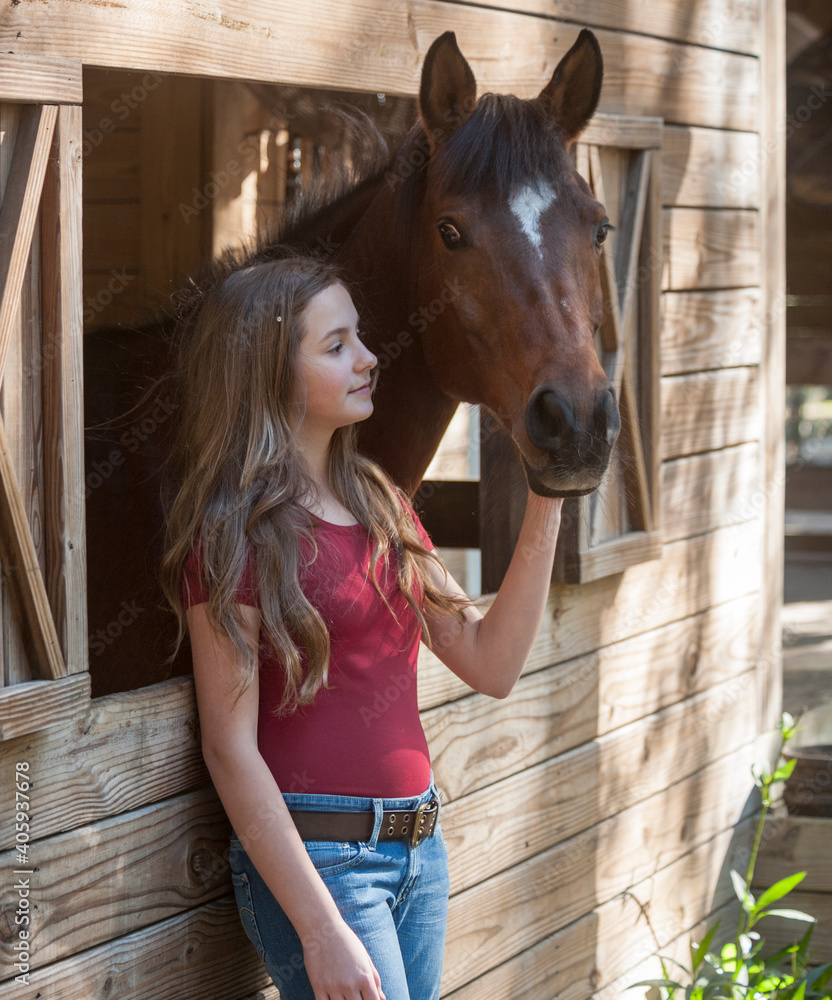 Tween age girl bonding with Arabian horse mare. Stock Photo Adobe Stock