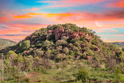Rocky African mountain in Pilanesberg National Park during sunset