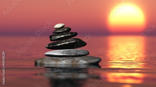Photography Pyramid of stones in water at sunset, spa stones in water, spa background, zen p