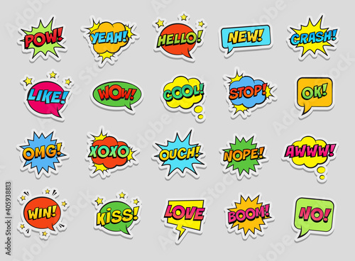 Stickers set, retro colorful comic speech bubbles set on white background. Expression text POW, YEAH, WOW, HELLO, YEAH, OMG, LIKE, COOL, OUCH, NOPE, STOP, XOXO etc. Vector illustration, pop art style.