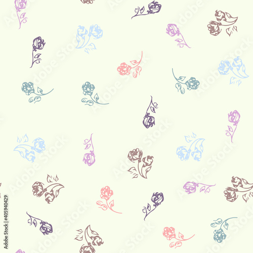 Doodle colorful simple vector. Seamless pattern of hand-drawn roses. Seamless random colorful pattern of hand-drawn flowers. Isolated.