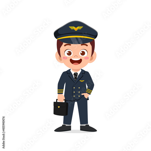 happy cute little kid boy wearing pilot uniform