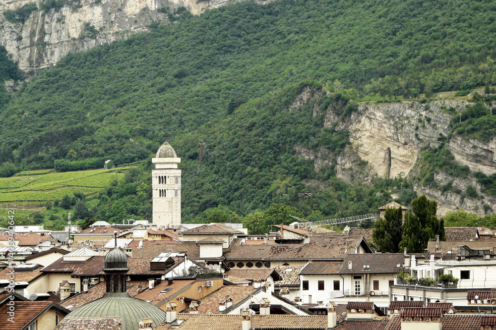 trento, roofs, city, town, old, church, tower, redroof, landscape, summer, village, mountain, Tirol, Italy, Europe, rocks, hill, holidays, trip