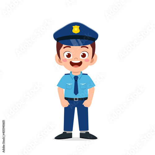 happy cute little kid boy wearing police uniform