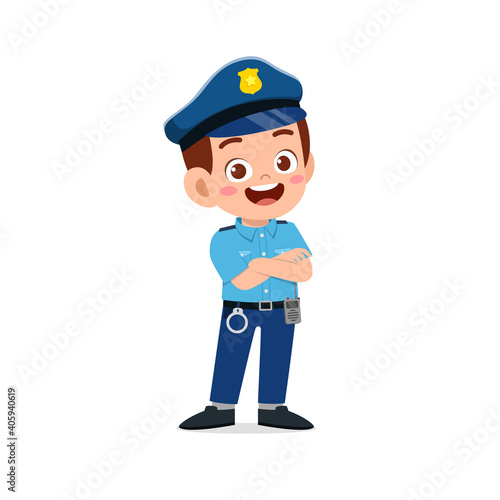happy cute little kid boy wearing police uniform