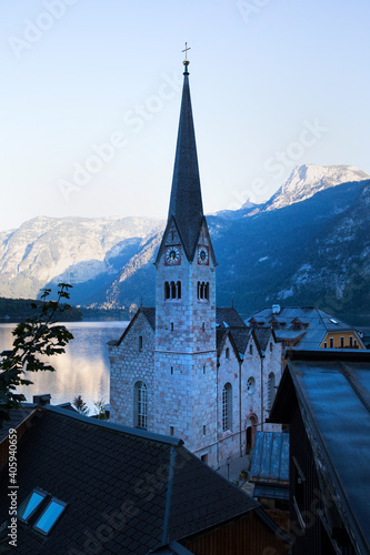 Church in Hallstatt at sunset. Austrian Alps.