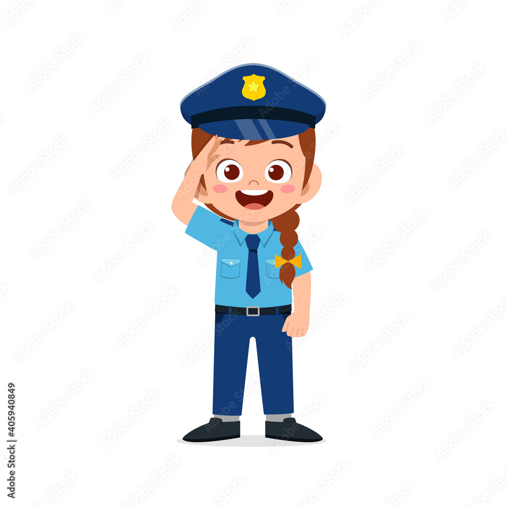 happy cute little kid girl wearing police uniform