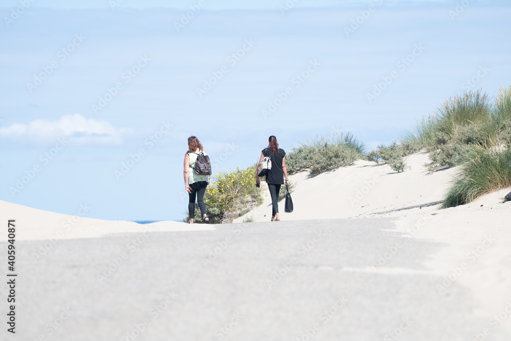 Leisure walk to dune environment on clear sunny dat to the  near beach