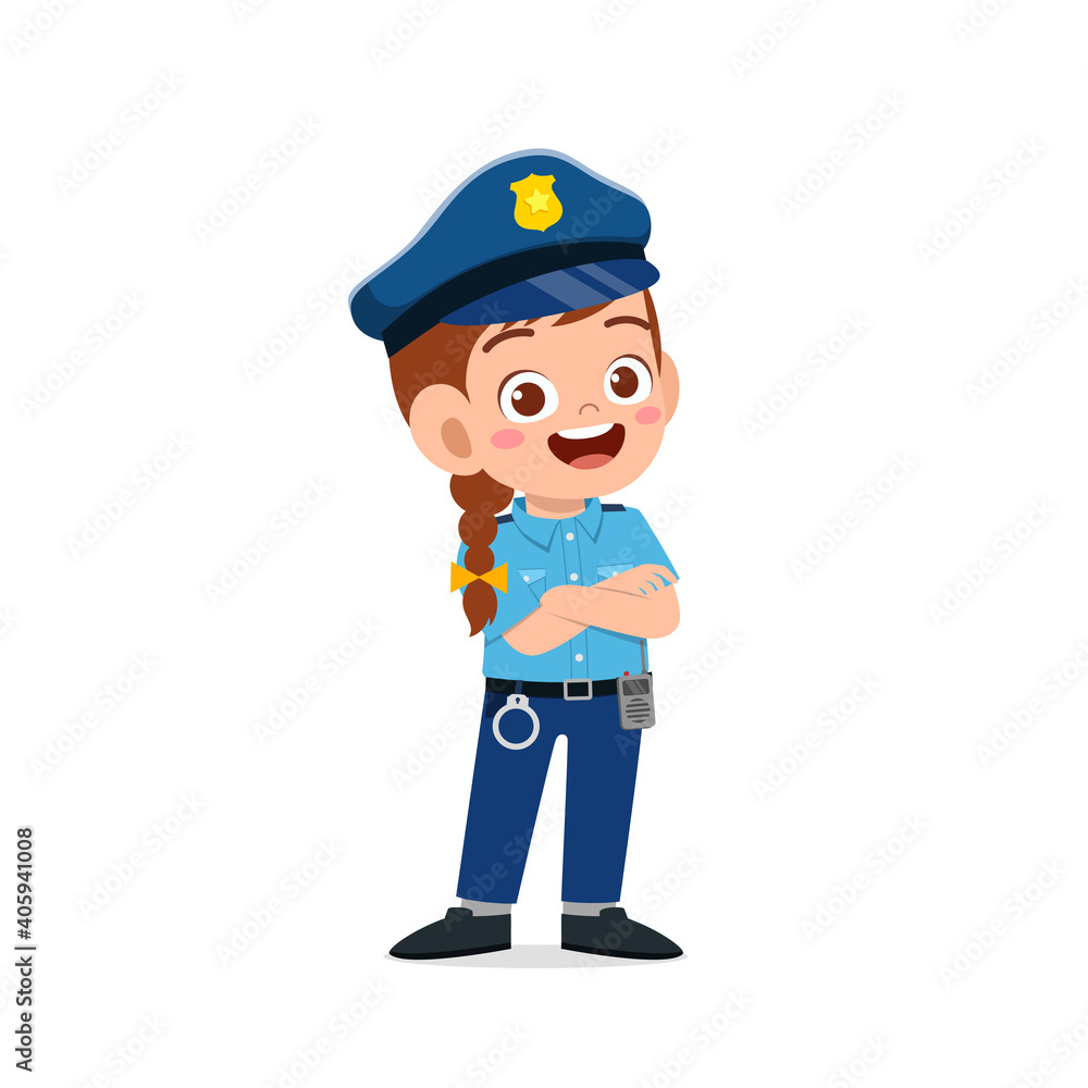 happy cute little kid girl wearing police uniform