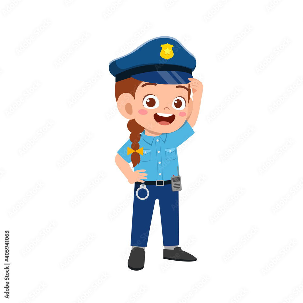 happy cute little kid girl wearing police uniform