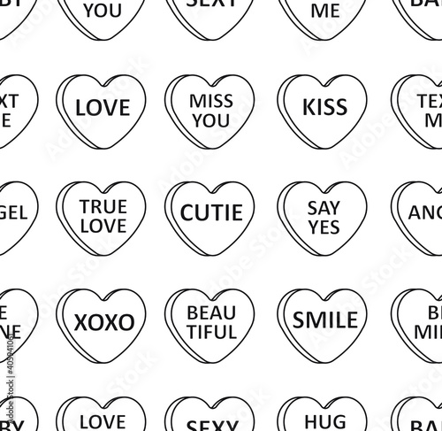 Vector seamless pattern of flat cartoon Valentine’s candy with love text isolated on white background