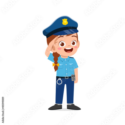 happy cute little kid girl wearing police uniform