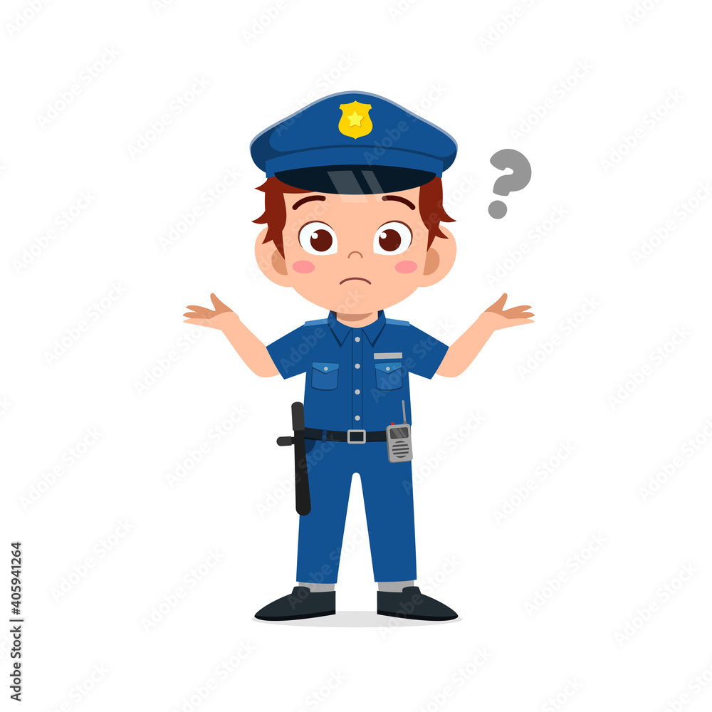happy cute little kid boy wearing police uniform and thinking with question mark