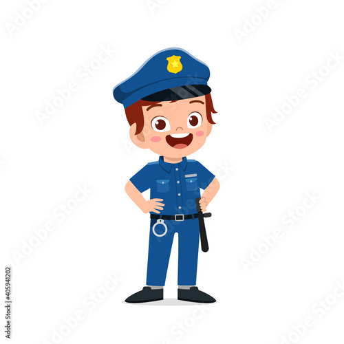 happy cute little kid boy wearing police uniform