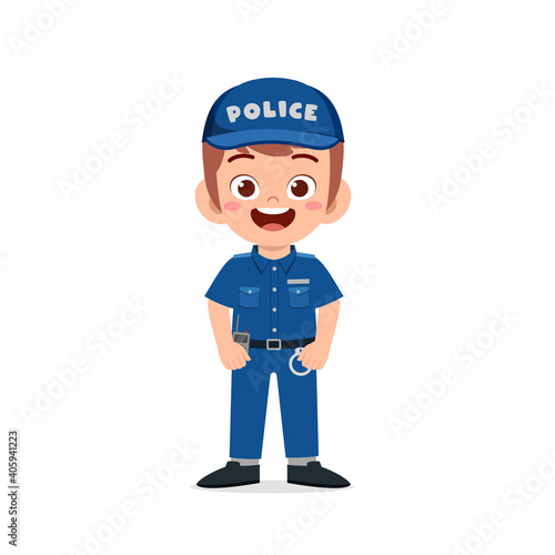 happy cute little kid boy wearing police uniform