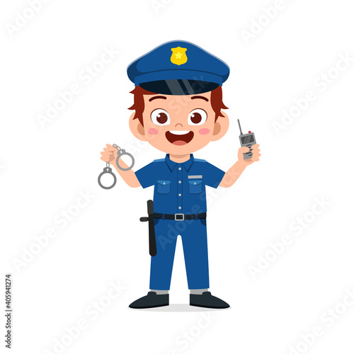happy cute little kid boy wearing police uniform