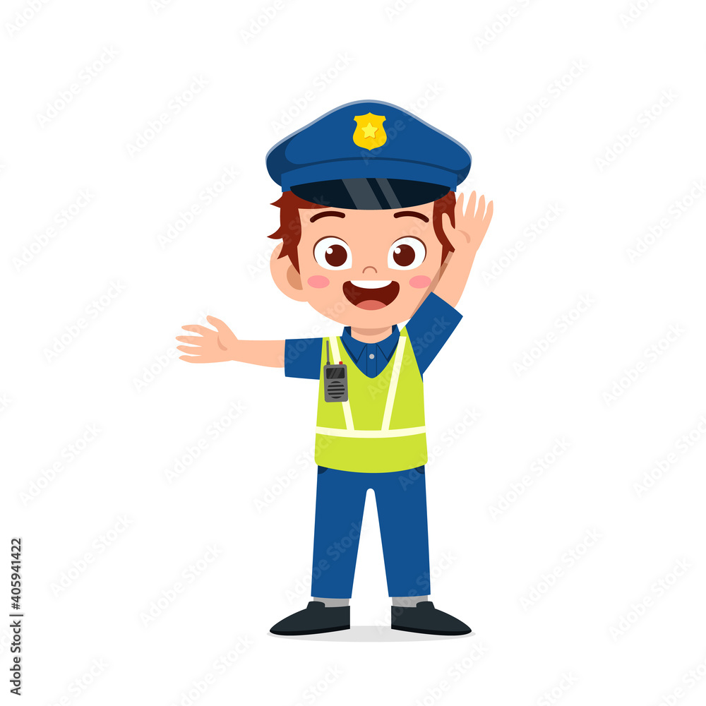 happy cute little kid boy wearing police uniform and manage traffic