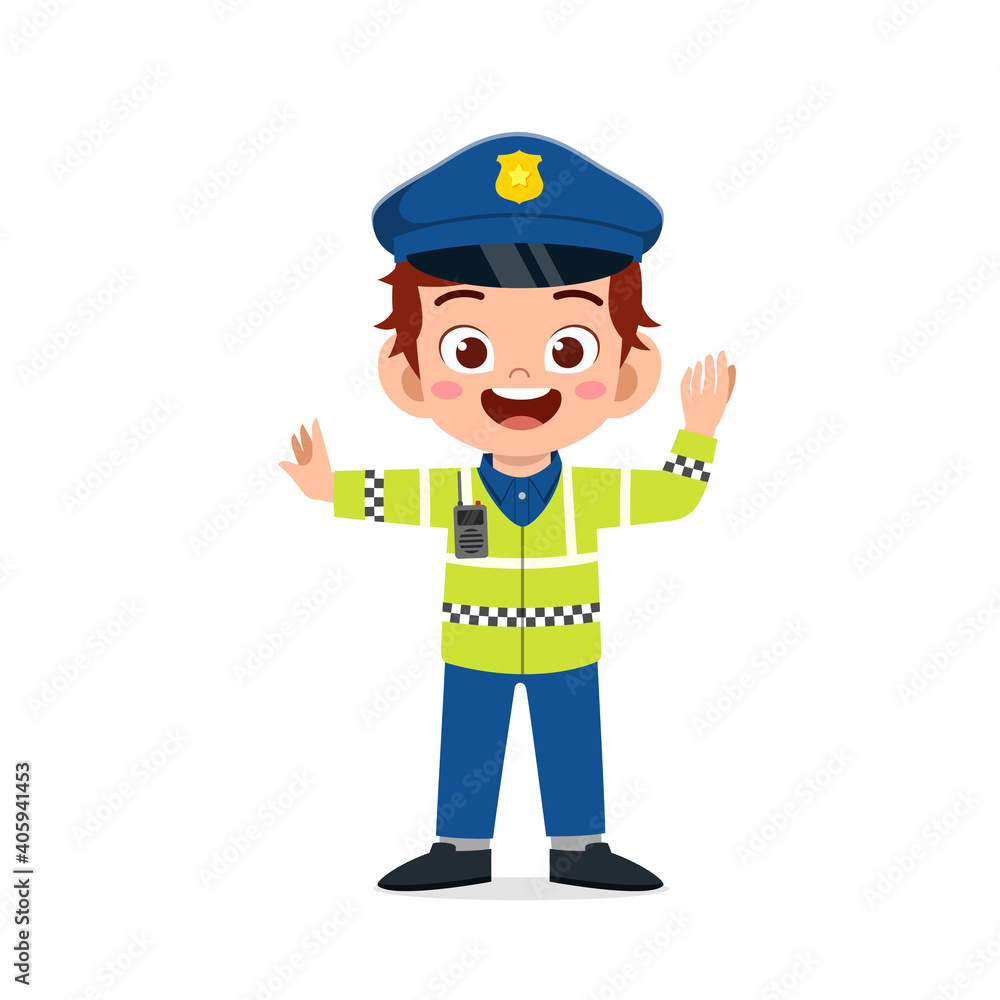 happy cute little kid boy wearing police uniform and manage traffic happy cute little kid boy wearing police uniform and manage traffic