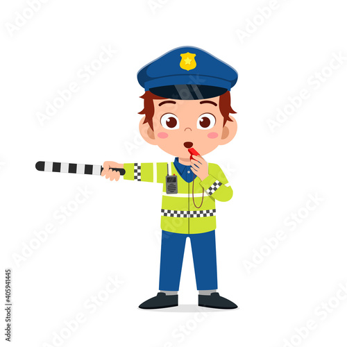 happy cute little kid boy wearing police uniform and manage traffic