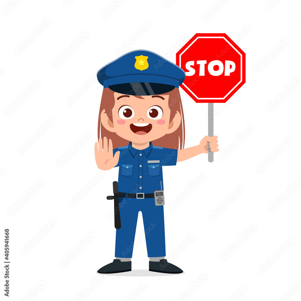 happy cute little kid girl wearing police uniform and holding stop sign