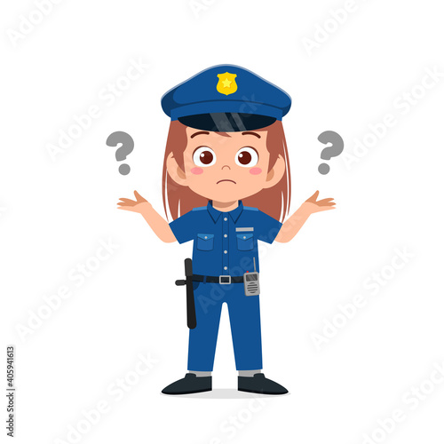 happy cute little kid girl wearing police uniform and thinking with question mark