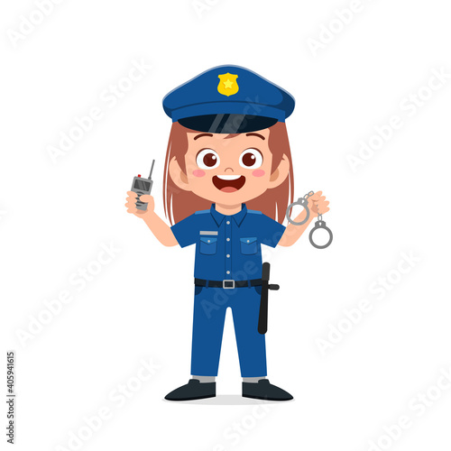 happy cute little kid girl wearing police uniform