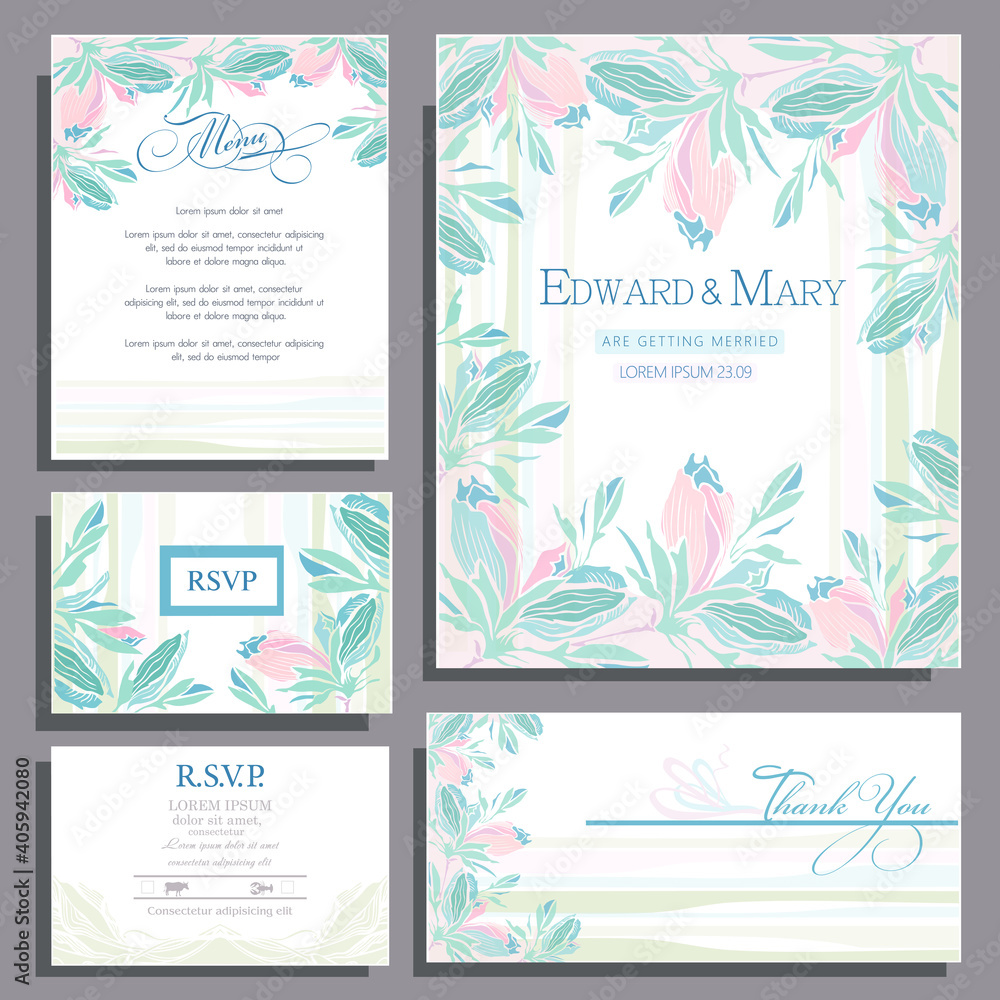Wedding invitation card in pastel colors with magnolia flowers, Basic CMYK
