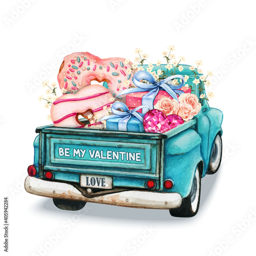 Watercolor valentine's day pickup backview with hearts donuts gifts and flowers