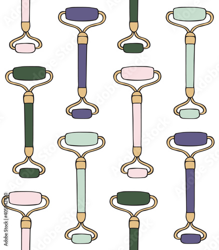 Vector seamless pattern of different color hand drawn doodle sketch gua sha face massage roller isolated on white background