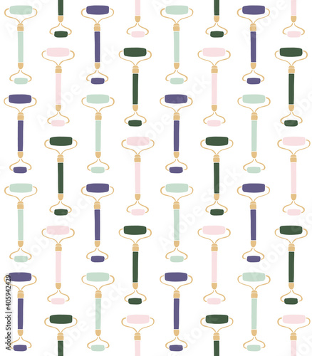 Vector seamless pattern of colored hand drawn doodle sketch gua sha face massage roller isolated on white background