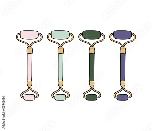 Vector set bundle of different hand drawn doodle sketch gua sha face massage roller isolated on white background