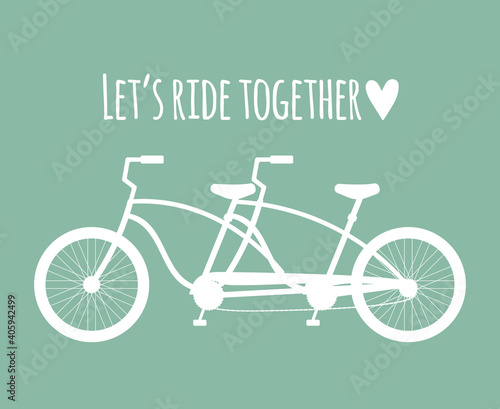 Vector flat double bicycle silhouette and lettering isolated on mint background. Valentine’s Day illustration